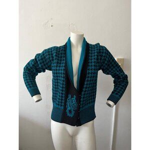 Vintage Houndstooth womens Cardigan XS Preppy academic teal green seahorse plaid